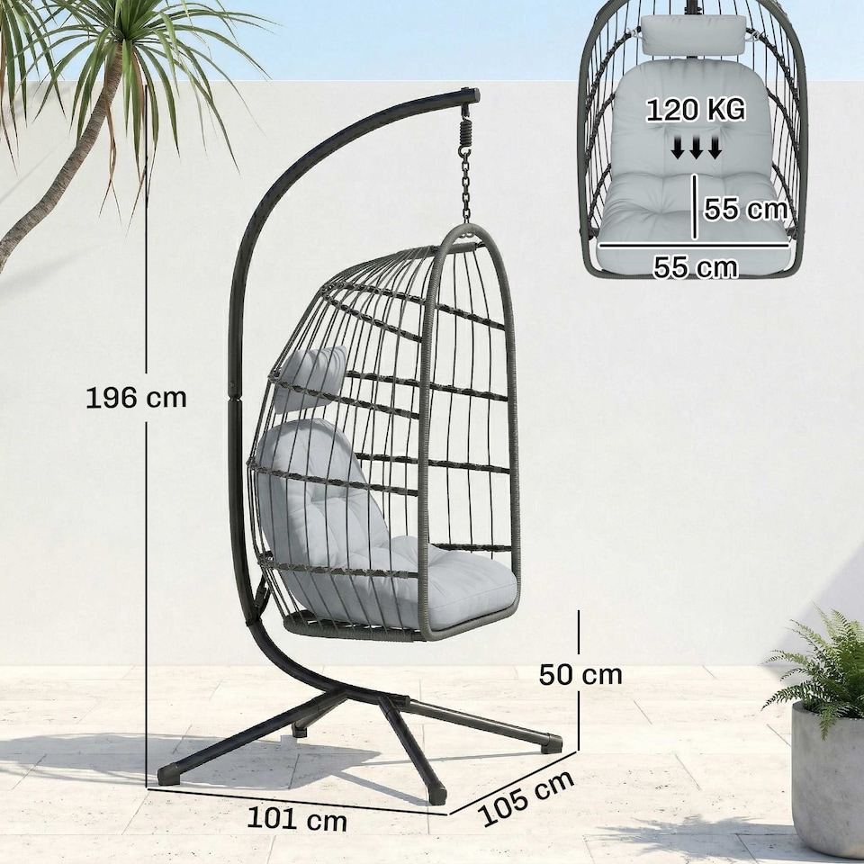 image 1 of Outsunny Hanging Egg Chair, Outdoor Swing Chair with Stand, Dark/Light Grey | Grey | Dark grey basket, light grey cushions | One Size