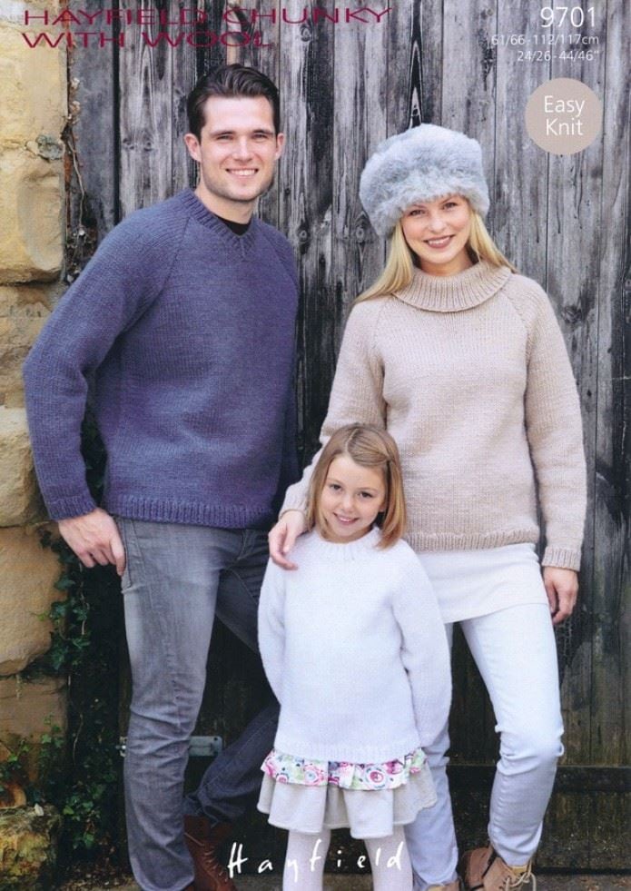 Hayfield With Wool Chunky Knitting Pattern 9701, Sweaters for Kids, Men and Women - 24 - 46 Inches - Easy