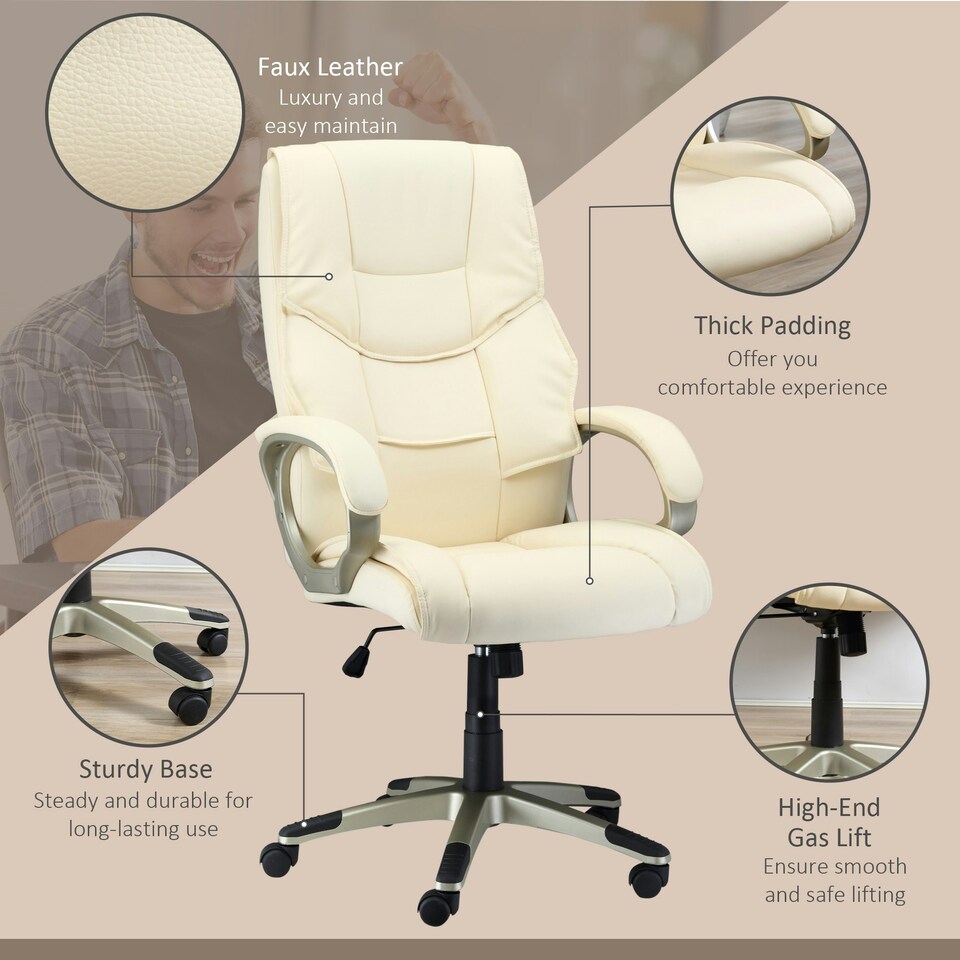 image 1 of HOMCOM Executive Office Chair Faux Leather Computer Chair w/ Wheel White