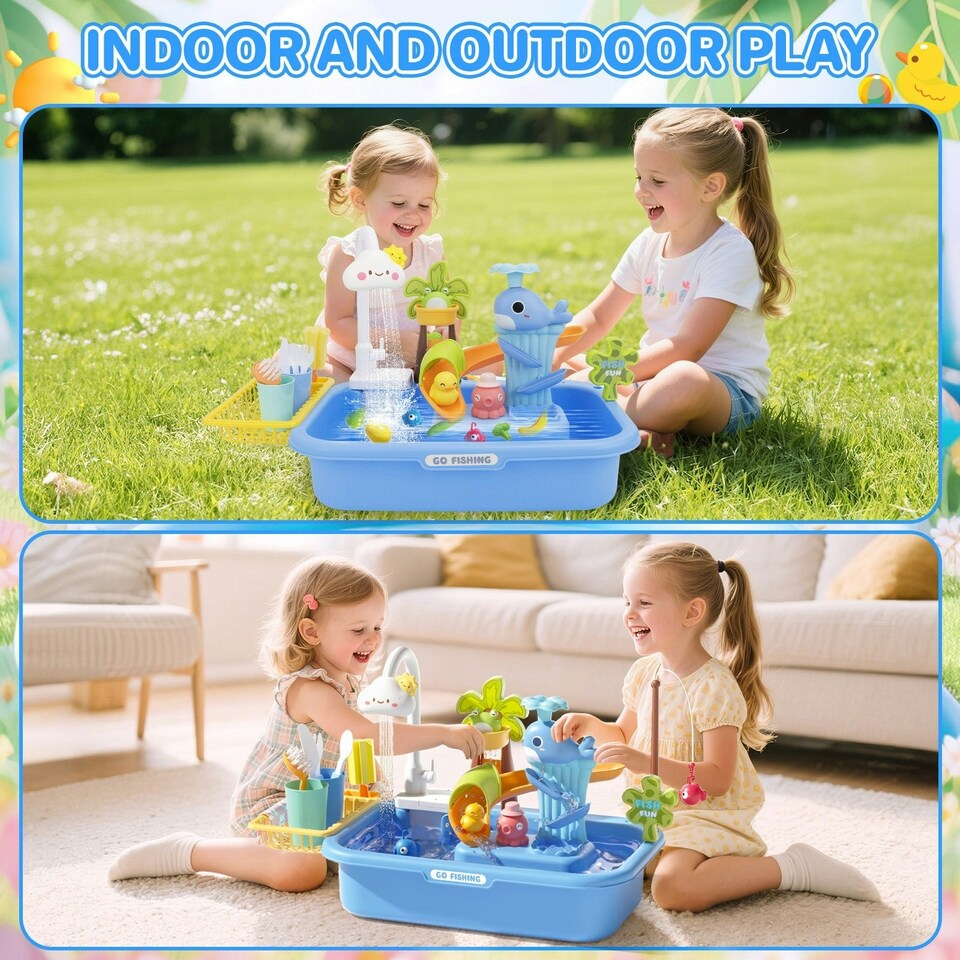 image 1 of Pretend Play Kitchen Sink with Real Running Water 4-in-1 Water Play Table (Blue)