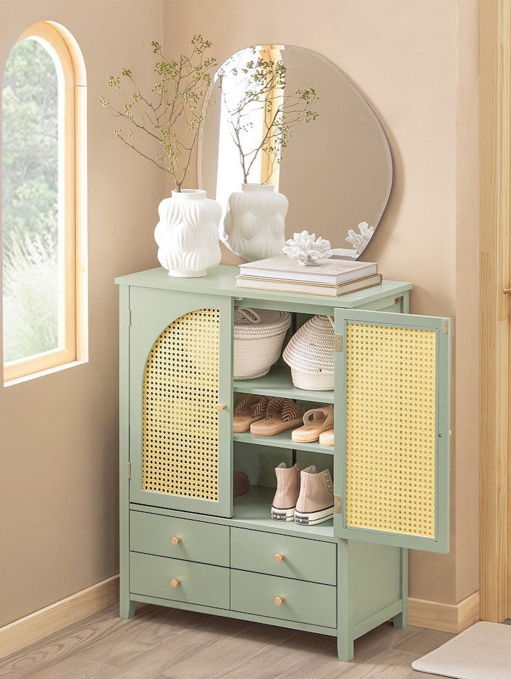 image 1 of SoBuy Sideboard Storage Cabinet with 4 Drawers & 2 Rattan Doors, Green, 27.6x13.4x35.4 inches, 26.6 kg - FSB72-GR