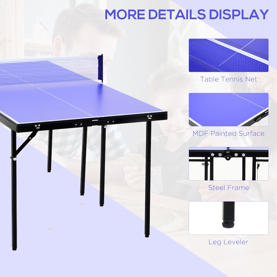 image 1 of HOMCOM Folding Mini Table Tennis Portable Ping Pong Set Games Play Sport w/ Net | Blue | Blue , Black