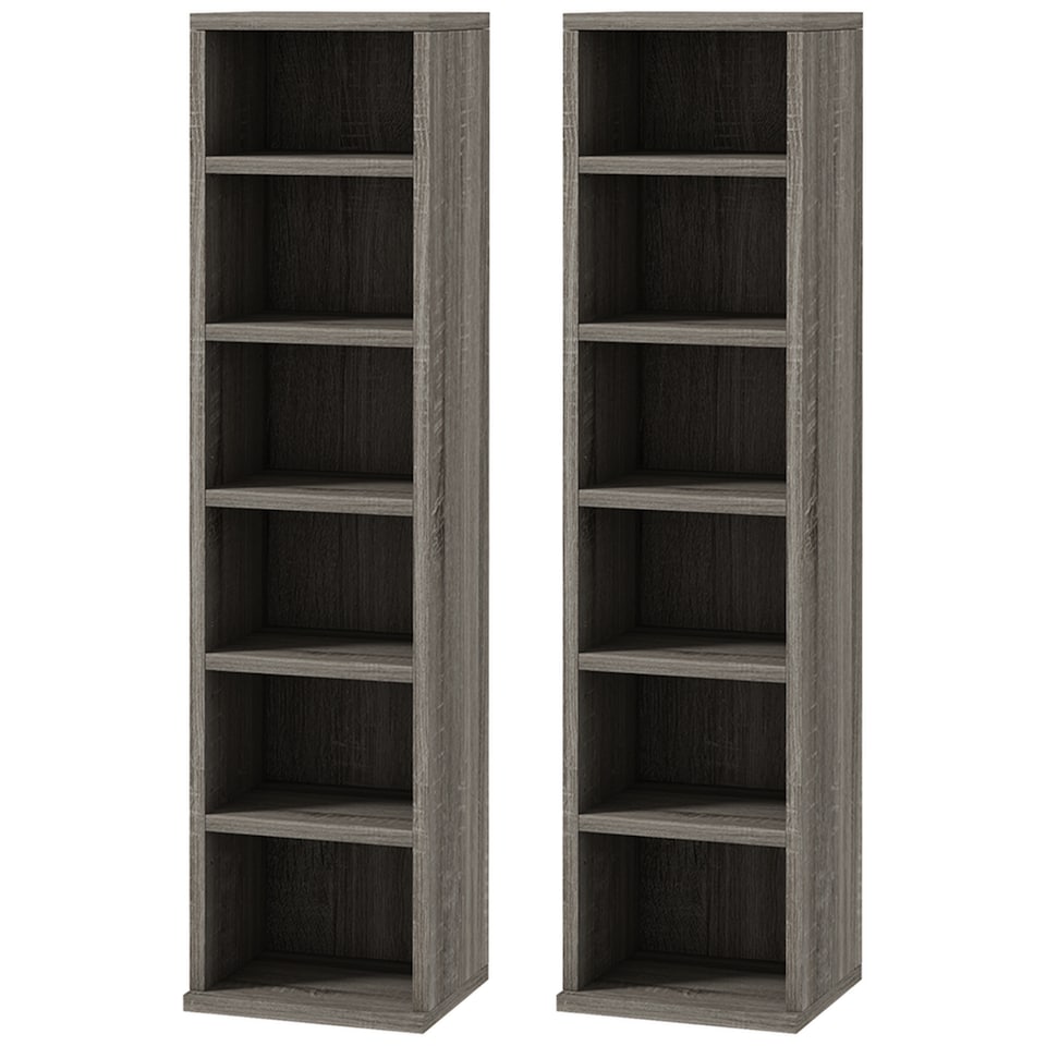 image 1 of HOMCOM 204 CD Media Display Shelf Unit Set of 2 Blu-Ray Tower Rack w  Adjustable Shelves Bookcase Storage Organiser, Mocha Wood Effect