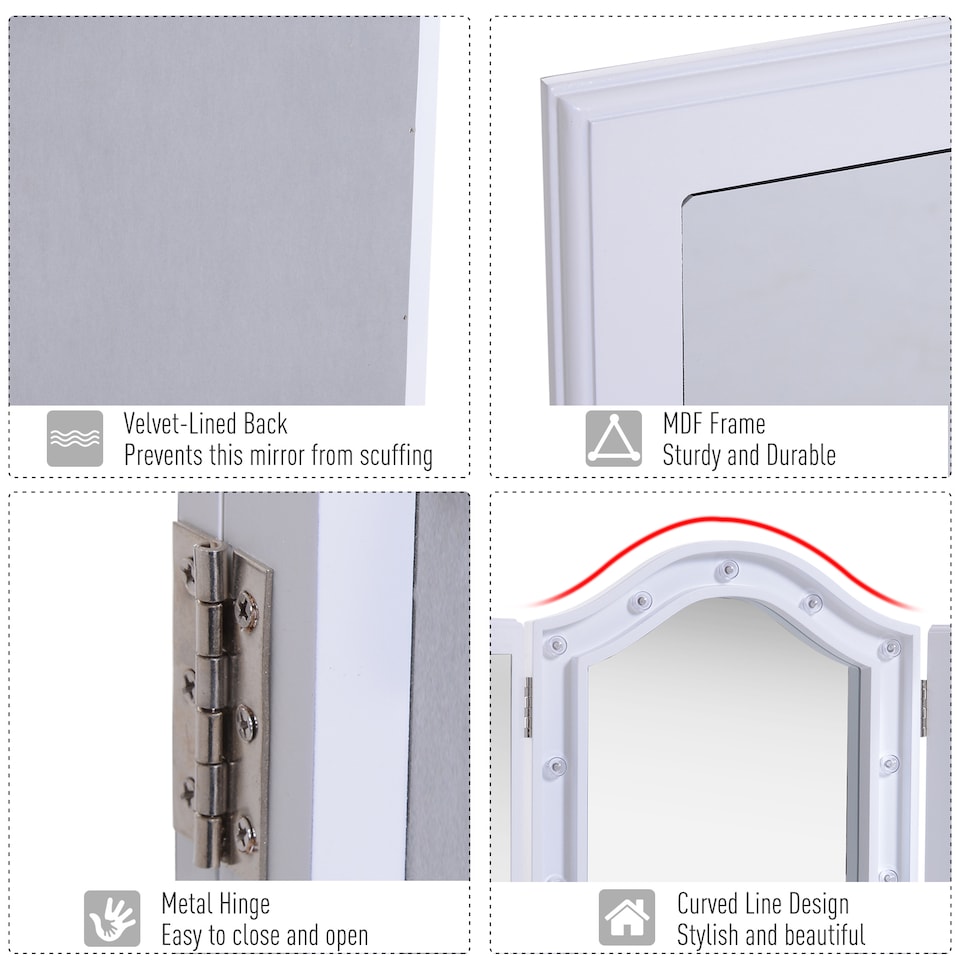 image 1 of HOMCOM Trifold Tabletop Mirror, 7353.5cm Makeup Mirror Large Cosmetic w16 LED Lights Powered by Batteries, Foldable For Bedroom, White