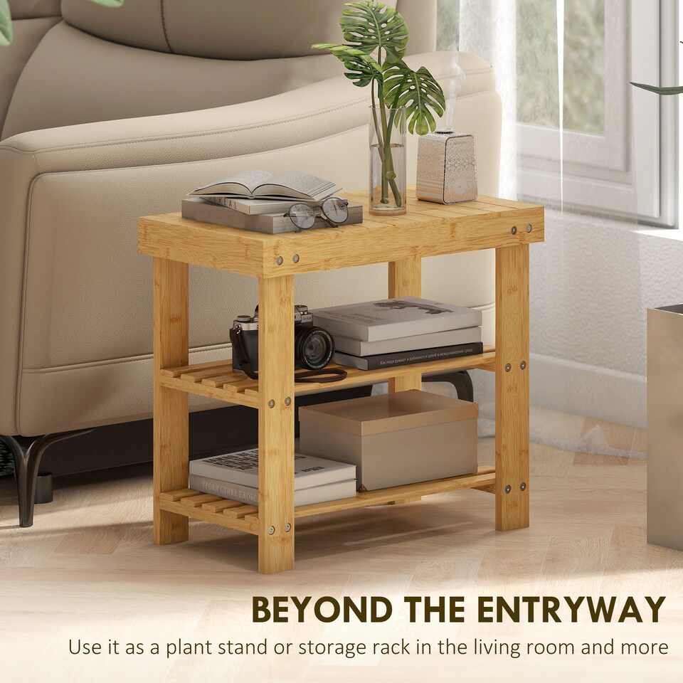 image 1 of HOMCOM Bamboo Shoe Bench, 3-Tier Shoe Storage Bench with Slatted Shelves for Entryway Hallway, Holds 4 Pairs, Nature Wood Finish | Brown | Natural wood finish