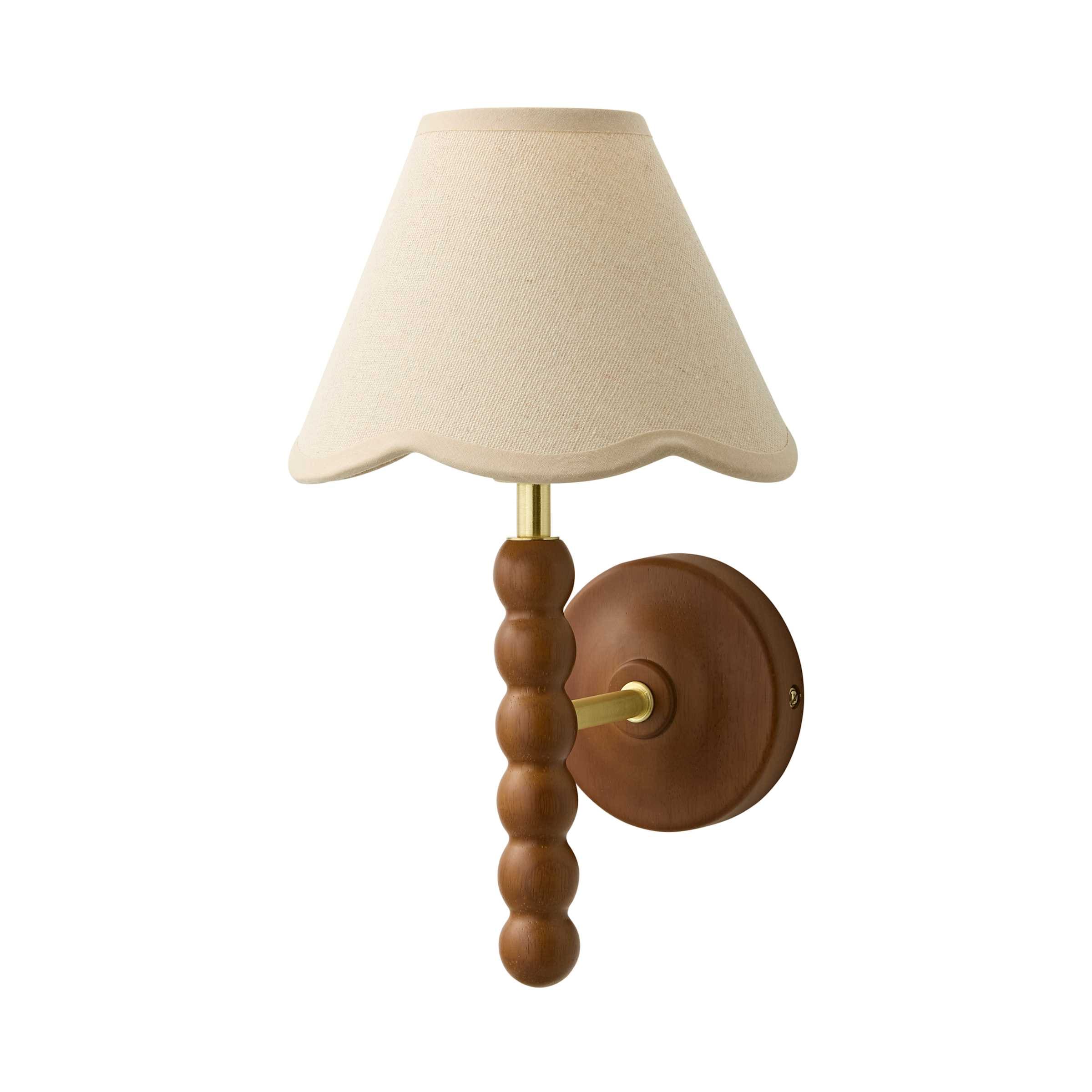 ValueLights Bobbins Walnut Bobble Wall Light & Linen Trim Lamp Shade in Natural