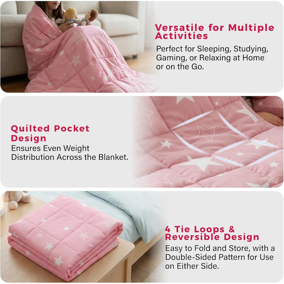 image 1 of Weighted Blanket Fluffy Quilted Pocket Throw with Non-Toxic Glass Beads Insomnia - Star Theme (Pastel Pink) | Multi