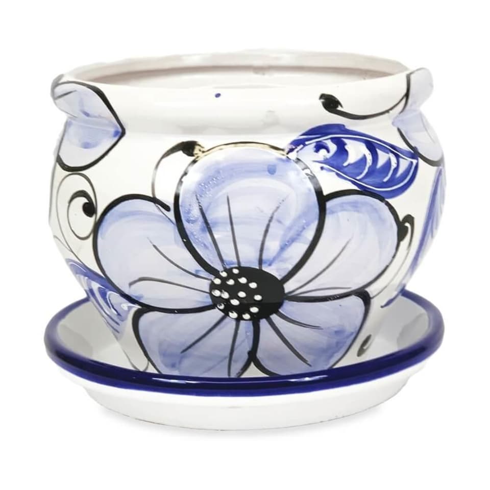 image 1 of Verano Spanish Ceramics Bola Plant Pot 25 x 21cm & Drainage Plate 27cm - Blue Flower