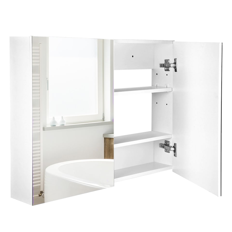 image 1 of HOMCOM Bathroom Mirror Cabinet Wall Mounted, Modern Bathroom Wall Cabinet with 2 Mirrored Doors and Adjustable Shelf, 80 x 15 x 60 cm, White