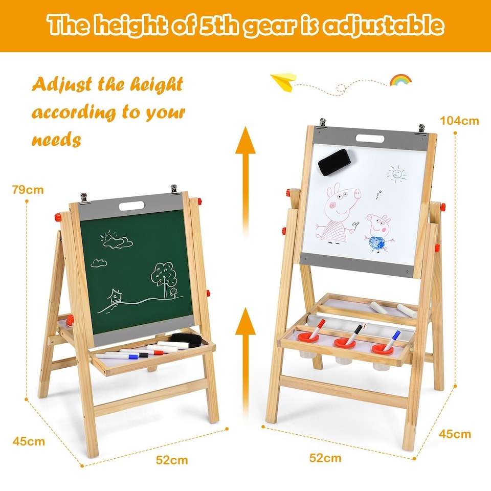 image 1 of COSTWAY 3-in-1 Foldable Kids Easel Kids Wooden Art Easel Double Sided Blackboard Chalks