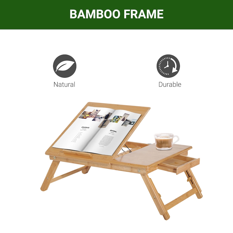 image 1 of HOMCOM Portable Laptop Desk Notebook Tray PC Bed Table Drawer Adjustable Bamboo