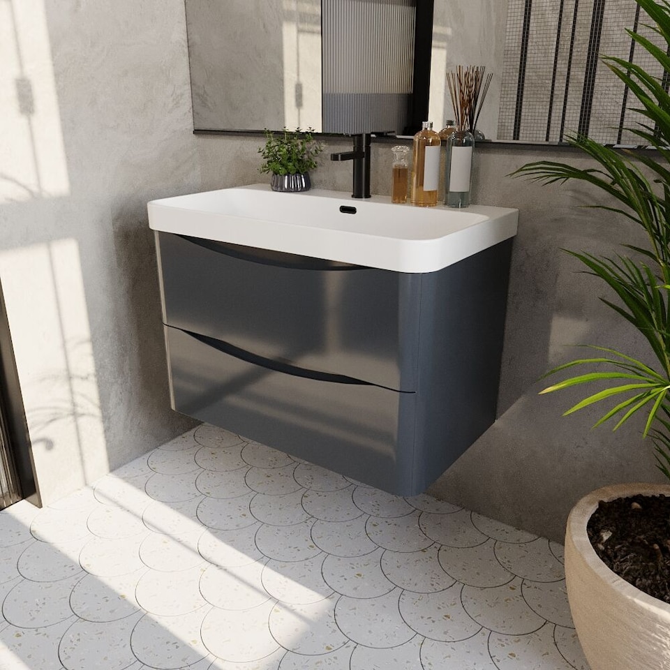 image 1 of Balterley Arch Modern Bathroom Wall Hung 2 Drawer Vanity Unit & Thin Edge Ceramic Basin | Grey | Satin Soft Black