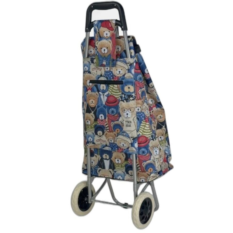 image 1 of Travel Teddybear Shopping Trolley - Dimensions for the Frame and the Bag are Included Blue with Red