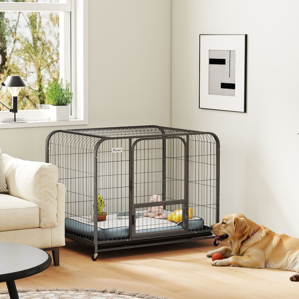 image 1 of PawHut Heavy Duty Dog Crate, Large Dog Cage with Wheels and Tray