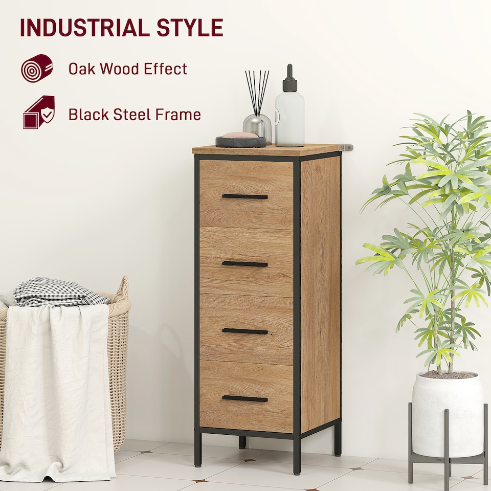 image 1 of HOMCOM Narrow Bathroom Storage Cabinet, Industrial Slim Bathroom Storage Unit with 4 Drawers and Steel Frame for Small Spaces, 30 x 30 x 82 cm, Oak | White | Oak