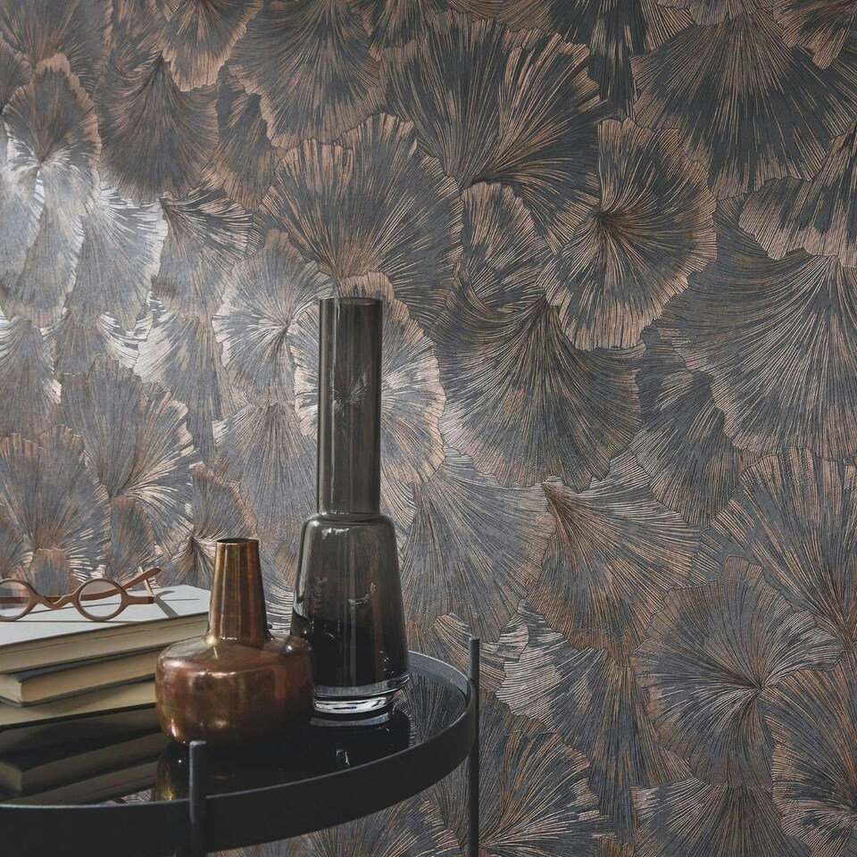 image 1 of Erismann Martinique Leaf Textured Vinyl Wallpaper - Charcoal - 10m x 53cm | Black