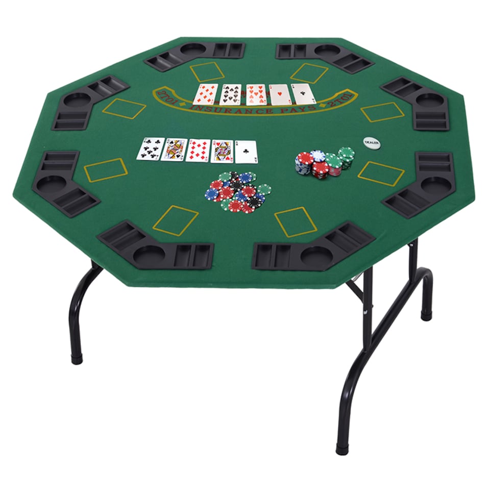 image 1 of HOMCOM 8 Player Folding Games Poker Table with Chip Cup Holder Steel Base Felt Top Octagon Blackjack Green