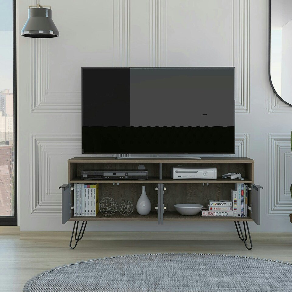 image 1 of Vegas Grey and Bleached Oak Wide 4-Door TV Unit - Modern Media Cabinet with Storage and Shelves | Brown | Brown | 1