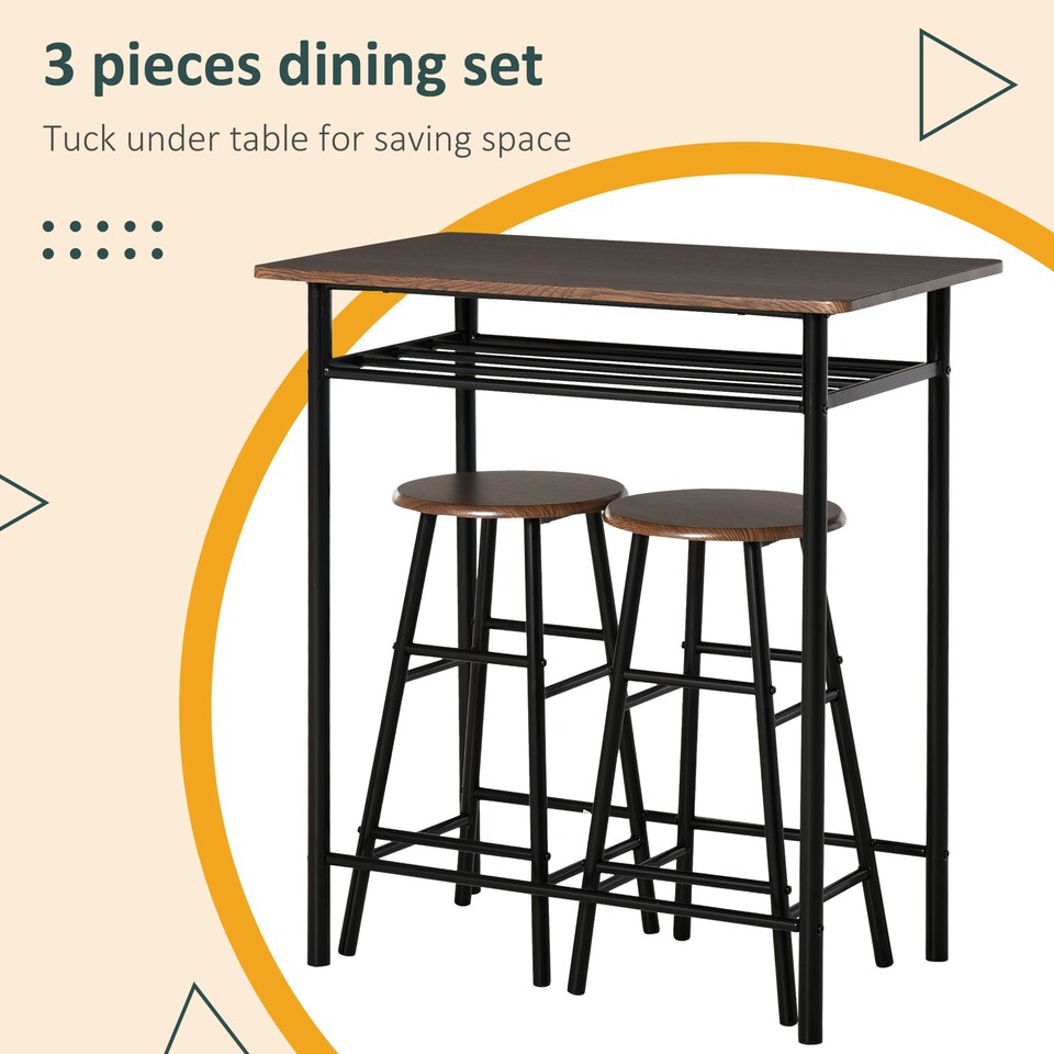 image 1 of HOMCOM Bar Table Set, Bar Table and Stools Set, Footrest and Storage Shelf, for Kitchen, Dining Room, Pub, Cafe, Black and Oak