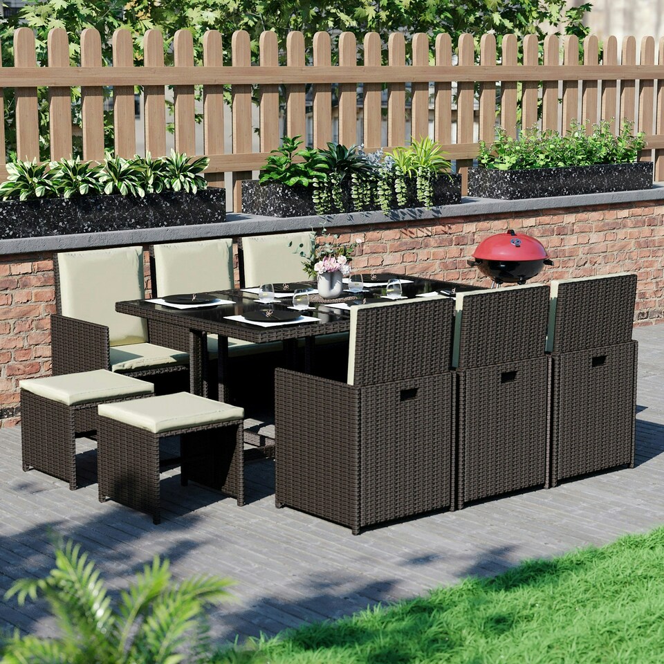 image 1 of Garden Vida Cuba 10 Seater Rattan Set Folding Chair Stool Dining Table Outdoor Garden Furniture, Brown