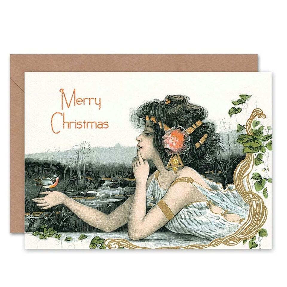 image 1 of Xmas Nouveau Girl Bird Christmas Card