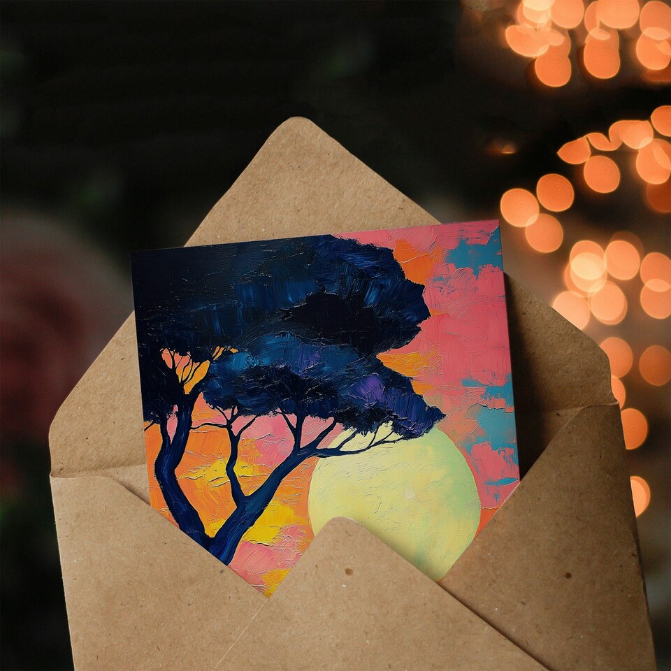 image 1 of Tree Silhouette By Sea Large Sunset Sun Seascape Birthday Greeting Card