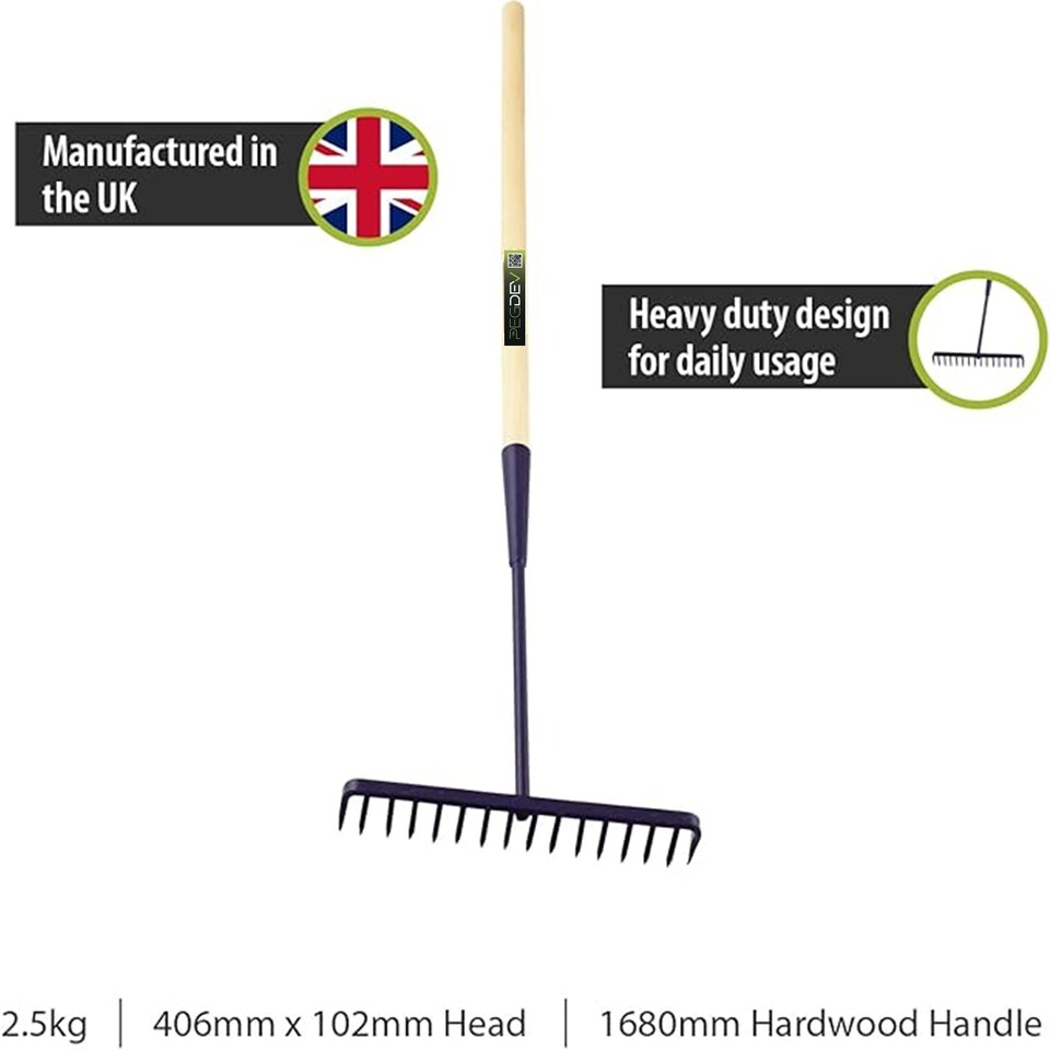image 1 of Pegdev Tarmac Rake Wooden Handle 16 Teeth Heavy Duty 1800mm