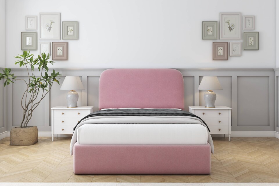 image 1 of Sloomy Belvoir Pink Plush Bed Frame With 45" Upholstered Headboard 5' King