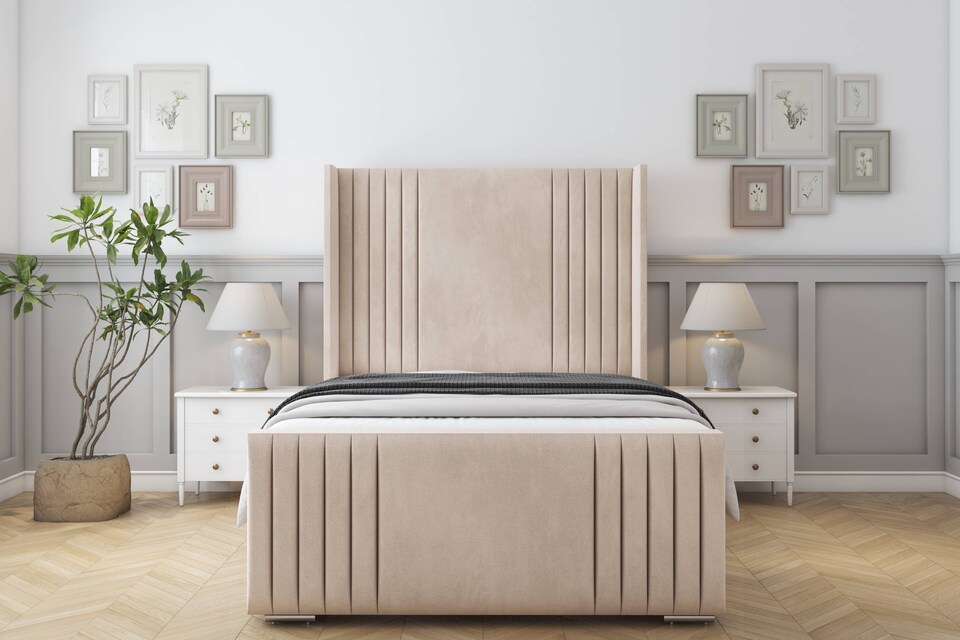 image 1 of Sloomy Camden Sand Naples Bed Frame With Mattress With 50"  Upholstered Wingback Headboard 4' Small Double