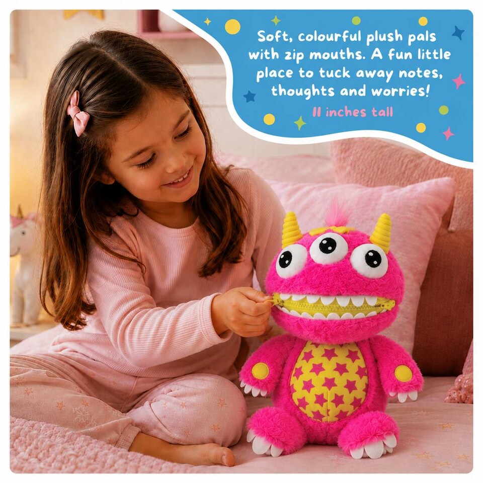 image 1 of Kids Worry Monster Soft Toy Zip Mouth Pocket Plush Comfort Companion Gift Idea Present Cuddly