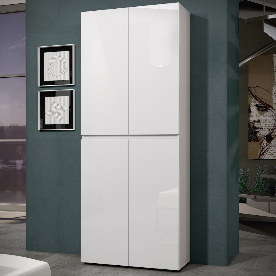 image 1 of FURNICOMP Vida 4 Door 80cm White Gloss Tall Shoe Cabinet/Storage Cupboard