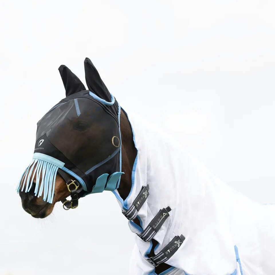 image 1 of Hy Mesh Horse Half Fly Mask With Ears & Fringe - Black/Light Blue - X Full