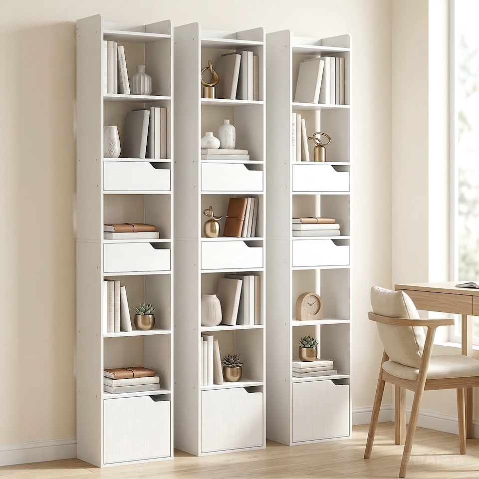 image 1 of HOMCOM Bookcase Tall Narrow with 5 Tiers Drawers
