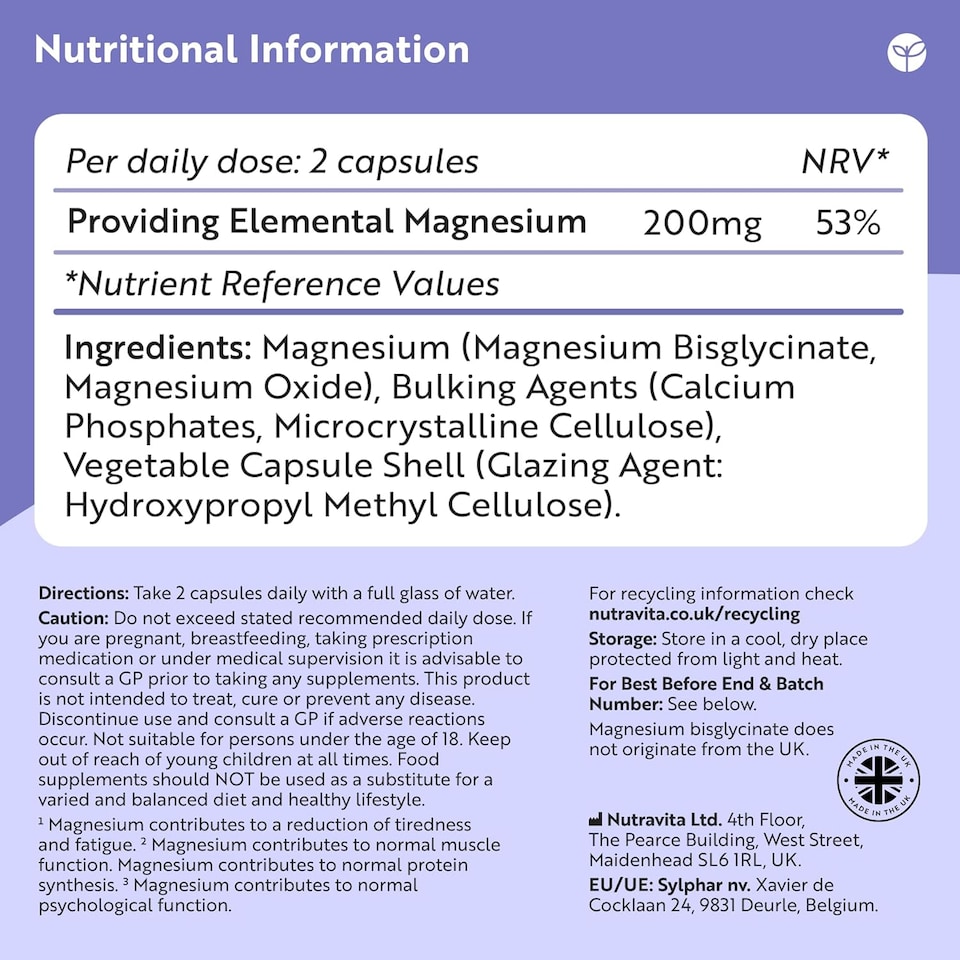 image 1 of Nutravita Magnesium Glycinate - 200mg Elemental Mag, 90mg Bisglycinate & 110mg Oxide - High Strength Magnesium Complex - 120 Vegan Capsules