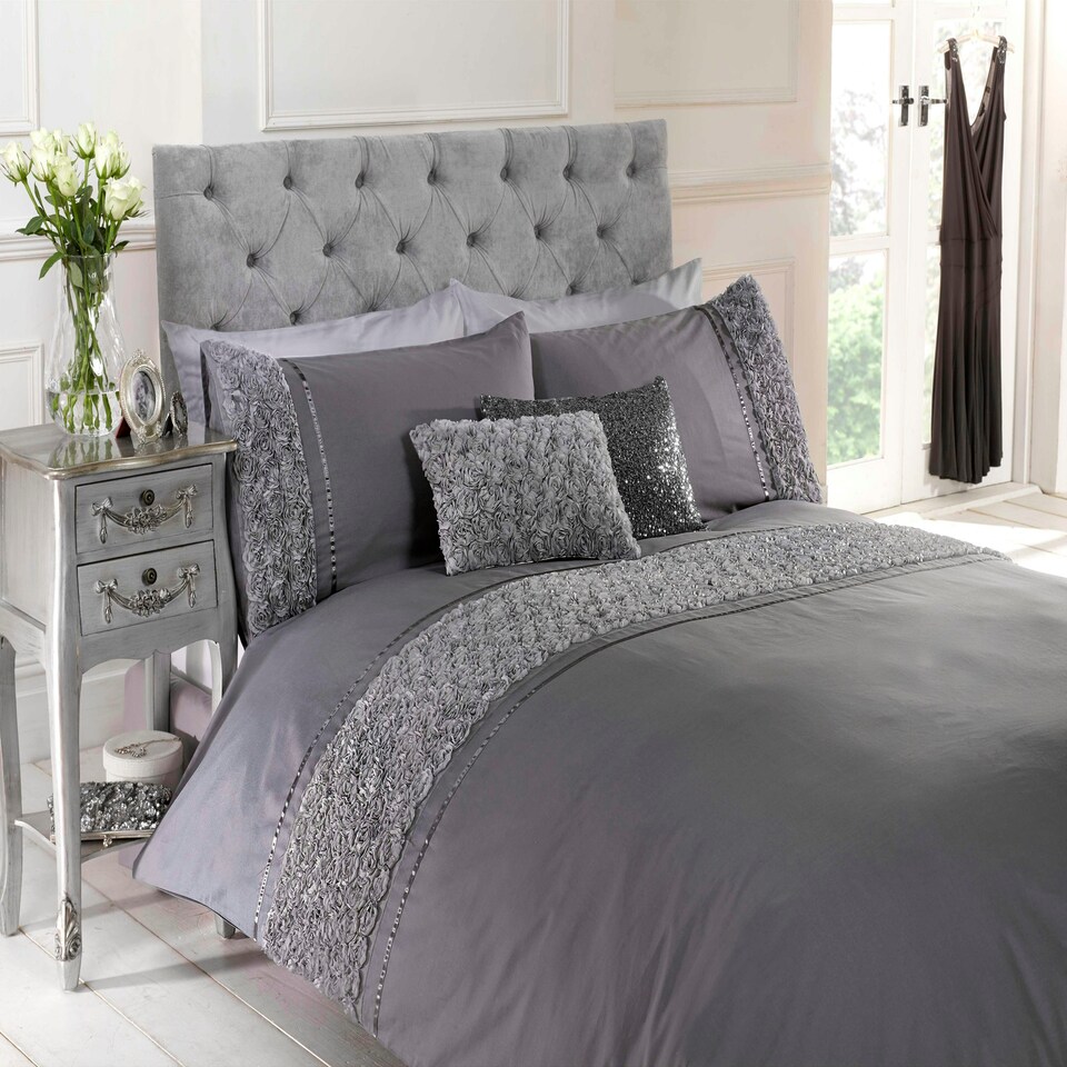 image 1 of Limoges Polycotton Floral Duvet with Pillowcase | Grey | Super King | 1