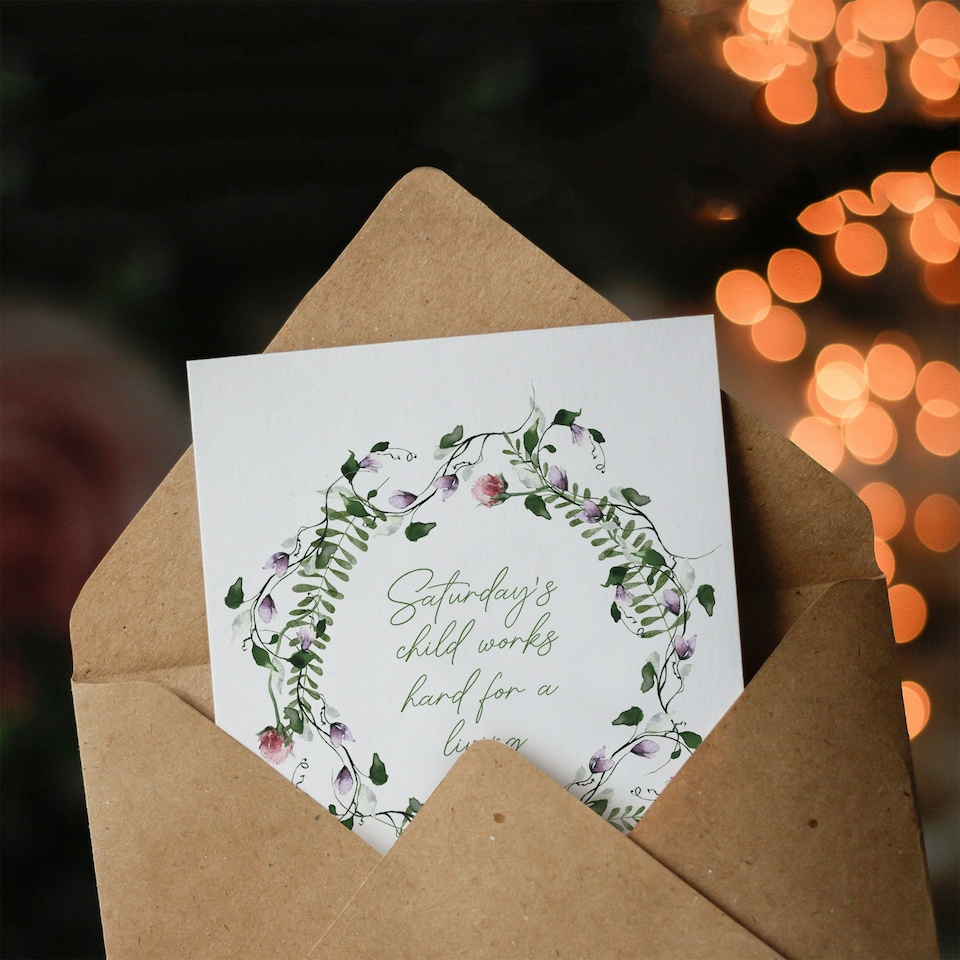 image 1 of Saturday's Child Works Hard Floral Wreath New Baby Card