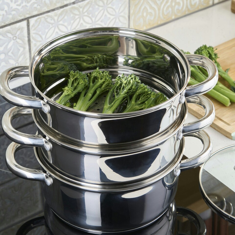 image 1 of Cooks Professional 3 Tier Stainless Steel Steamer Pan | Suitable for All Hobs Inc Induction | Dishwasher Safe | 22cm Diameter