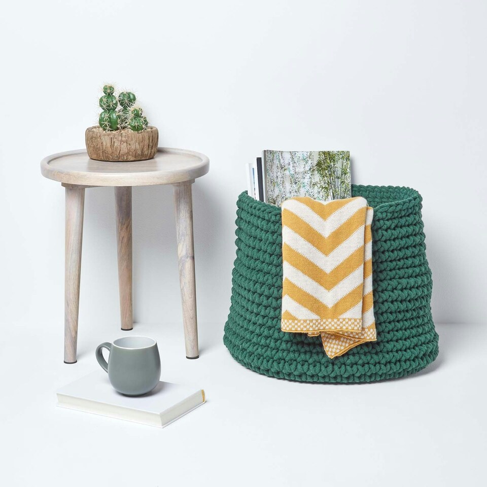 image 1 of Homescapes Forest Green Cotton Knitted Round Storage Basket - 42 x 37cm Green | L