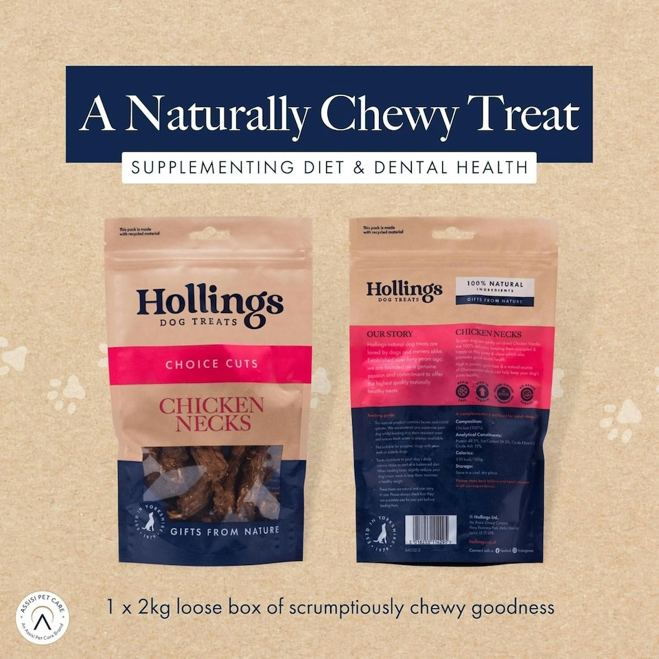 image 1 of Hollings Chicken Necks Dog Treats, 100% Natural Air Dried Chew Treats for Adult Dogs, Grain Free and High in Protein (2kg)