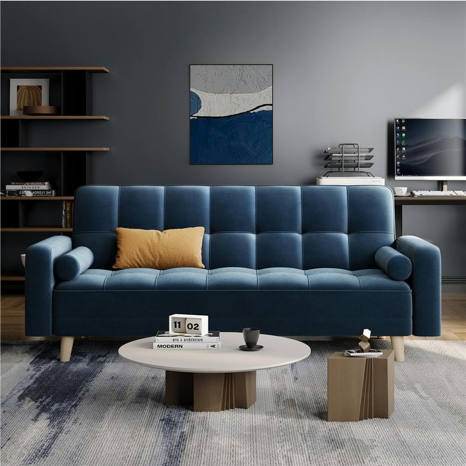 image 1 of Yaheetech Velvet Convertible Sofa Bed | Blue | Three Seater