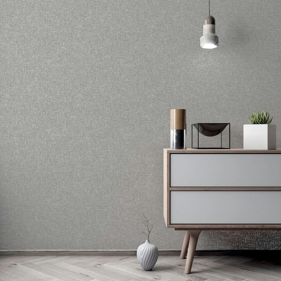 image 1 of Arthouse Linen Effect Textured Wallpaper - Mid Grey - 10m x 53cm Grey