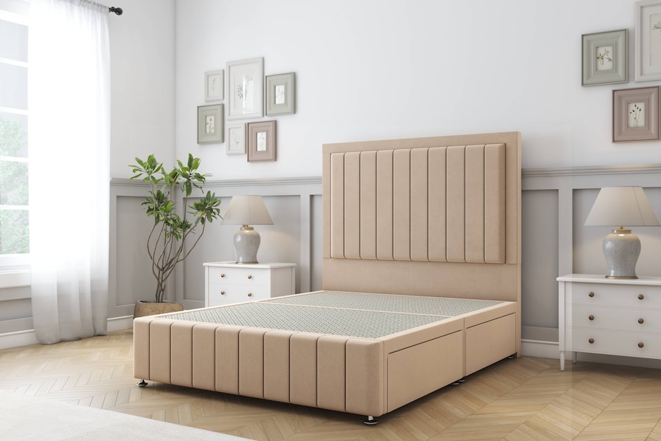 image 1 of Sloomy Pemberton Pebble Plush Divan Bed Base 2 Drawers Right Side With 26 Inch Strutted Headboard & 12 Inch Matching Footboard | Brown | Pebble | King | 1
