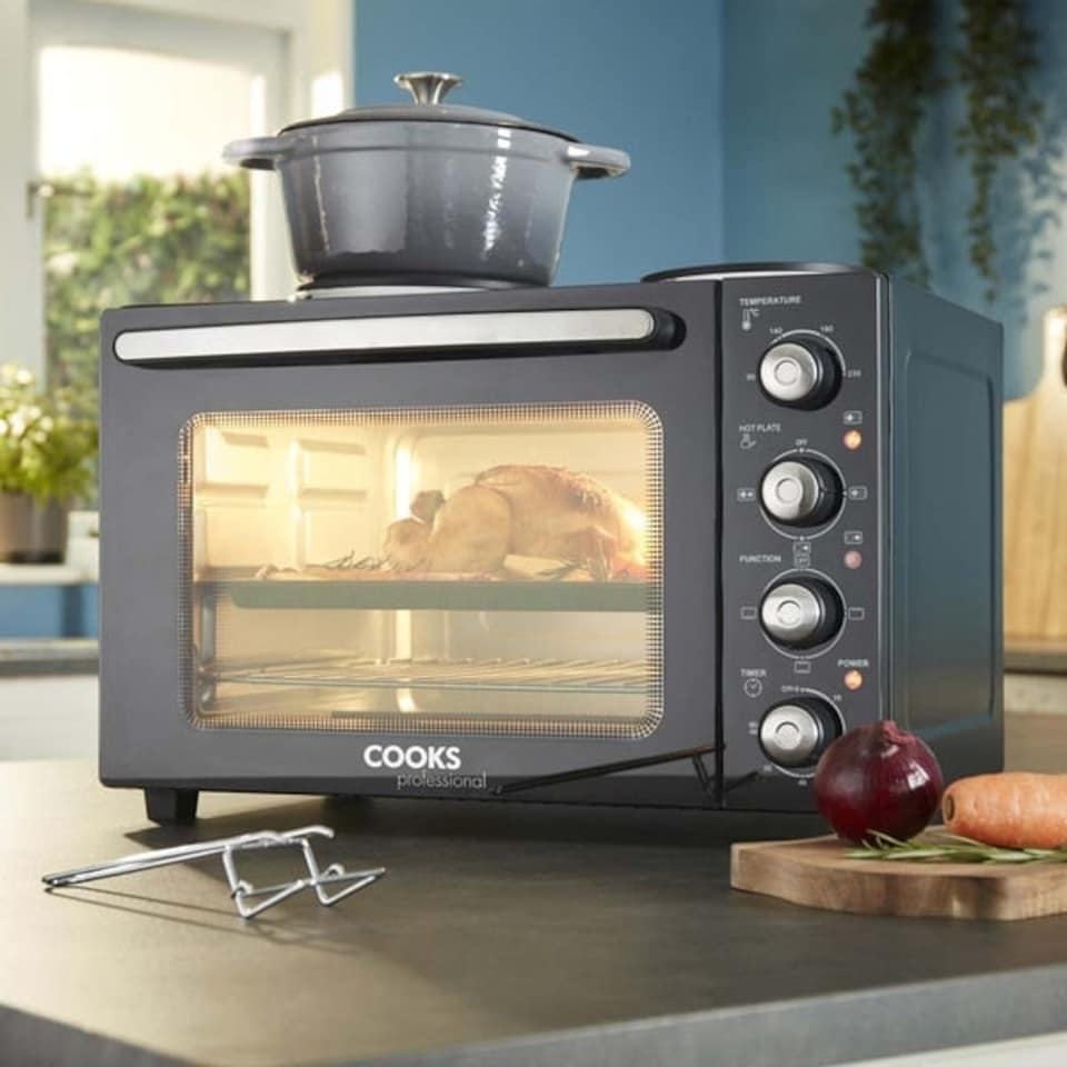 image 1 of Cooks Professional 34L Mini Oven with 2 Hobs - Electric Multifunction Countertop Cooker | Black | Black & Silver