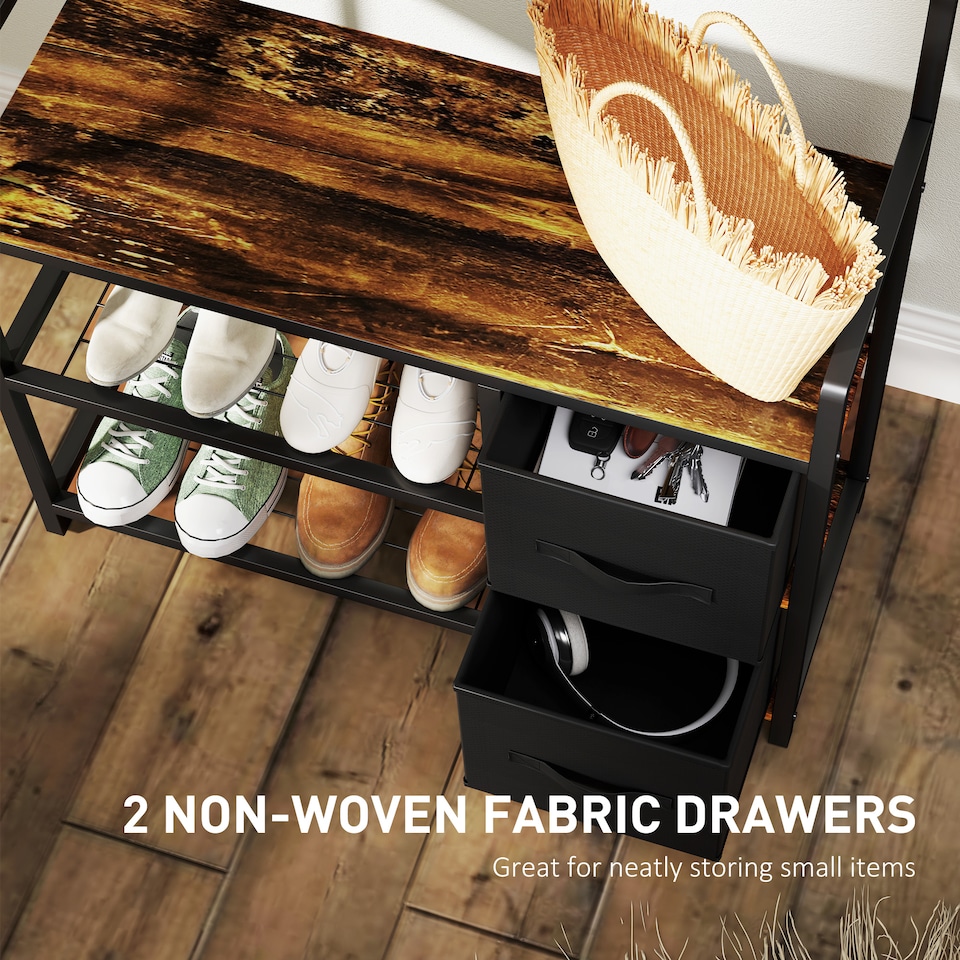 image 1 of HOMCOM Coat Rack with Bench and Shoe Storage, 4-in-1 Coat Stand with 15 Coat Hooks, 2 Fabric Drawers for Hallway, Living Room, Bedroom, Rustic Brown