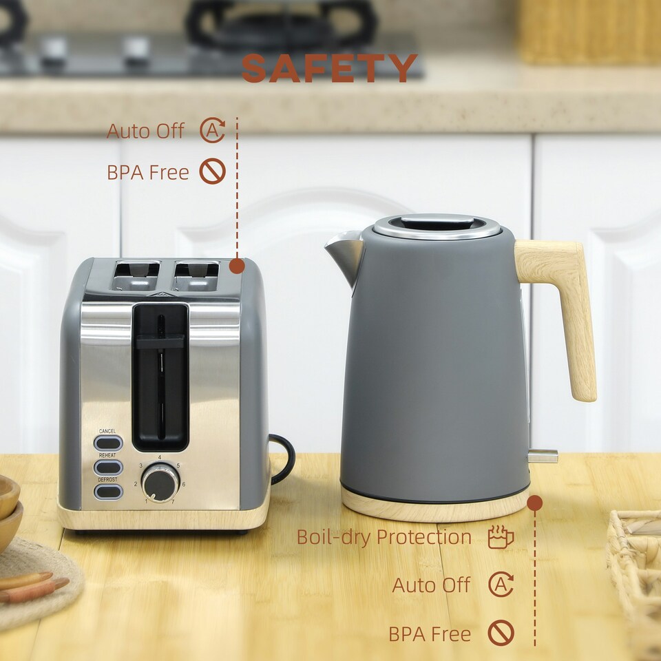 image 1 of HOMCOM 1.7L Electric Fast Boil Kettle and 2 Slice Toaster Set, Grey