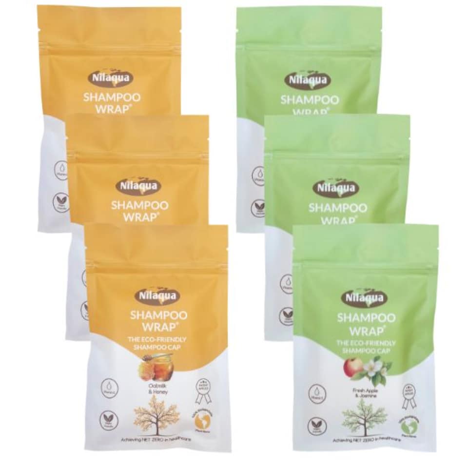 image 1 of Nilaqua No Rinse Shampoo Wrap the World's First Biodegradable Shampoo Cap Biodegradable Bamboo Waterless Hair Wash for Elderly Pleasant Fragrance Fresh Apple & Jasmine + Oatmilk & Honey 3pack