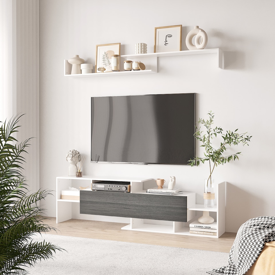 image 1 of HOMCOM Modern TV Cabinet with Wall Shelf, TV Unit with Storage Shelf and Cabinet, for Wall-Mounted 65 TVs or Standing 40 TVs, White and Grey | White | 1