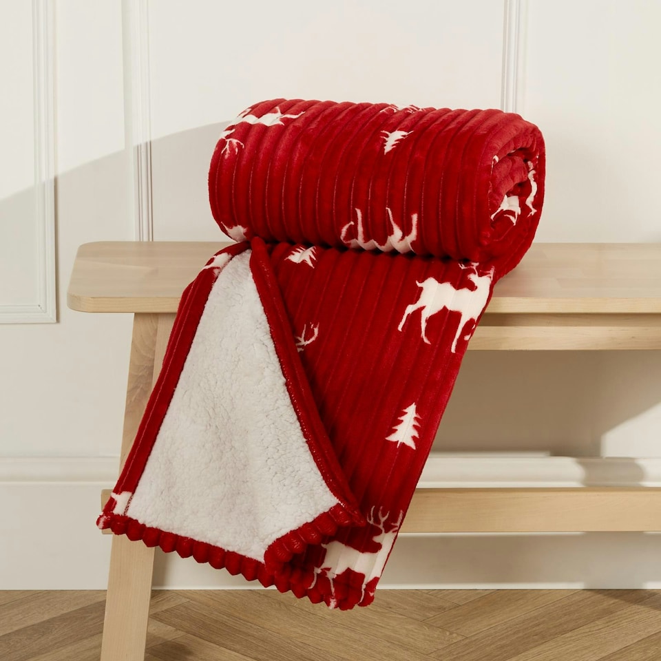 image 1 of OHS Christmas Stag Ribbed Sherpa Fleece Reverse Soft Warm Blanket Throw, Red - 125x160cm