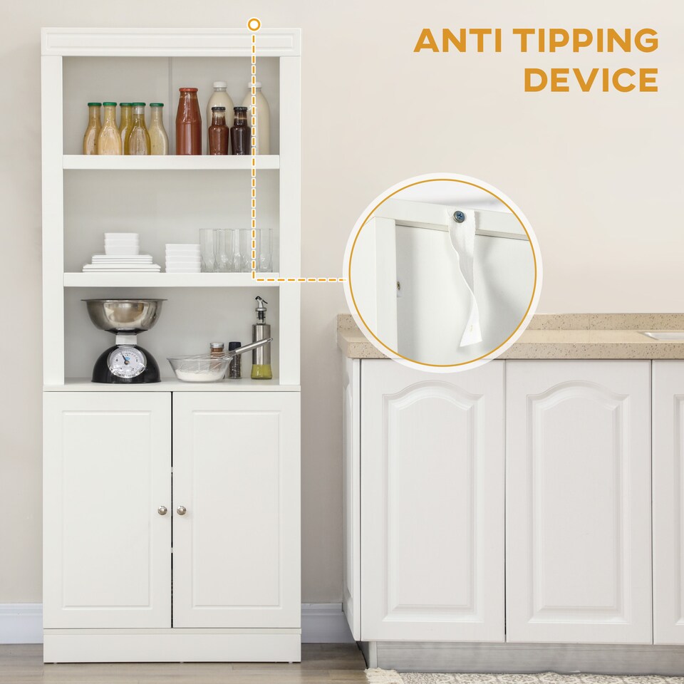 image 1 of HOMCOM Kitchen Cupboard with 6-tier Shelving, Freestanding Storage Cabinet Sideboard, Pantry Cupboard with 3 Open Compartments and Double-door Cabinet with Adjustable Shelves, White