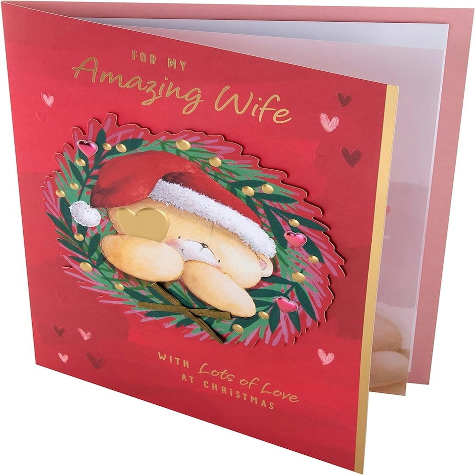 image 1 of Cute Forever Friends Bear in Wreath Design Boxed Christmas Card for Wife